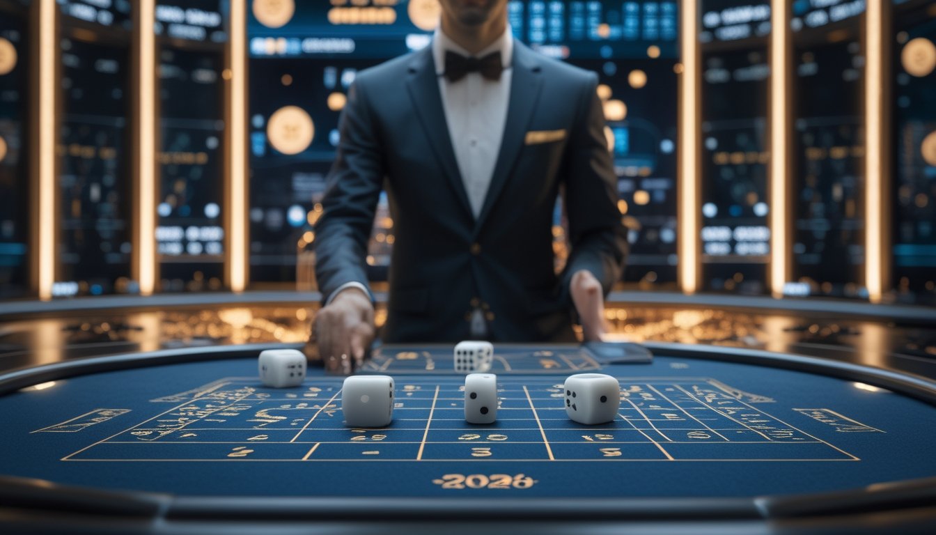 Dealer menyajikan permainan Sic Bo dengan tiga dadu di meja kasino modern, disertai tampilan analisis digital di latar belakang.