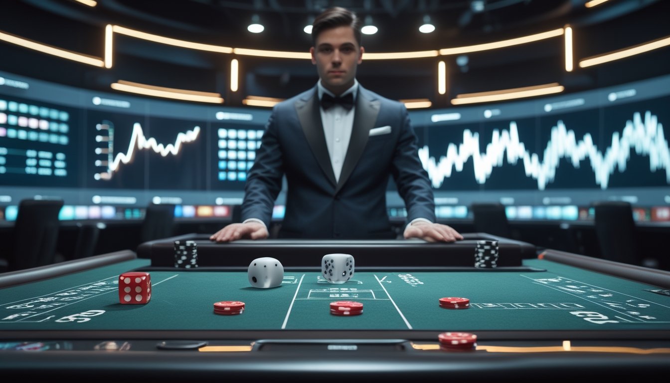 Dealer Sic Bo berdiri di belakang meja permainan dengan dadu, chip, dan grafik abstrak di layar latar.