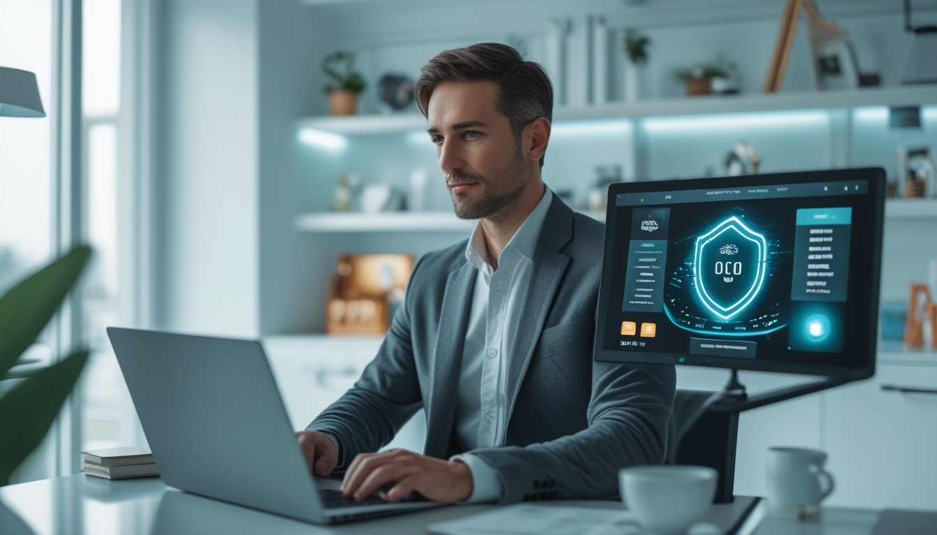 Seseorang menggunakan laptop dan ponsel untuk mengakses platform kasino daring dengan simbol keamanan digital.