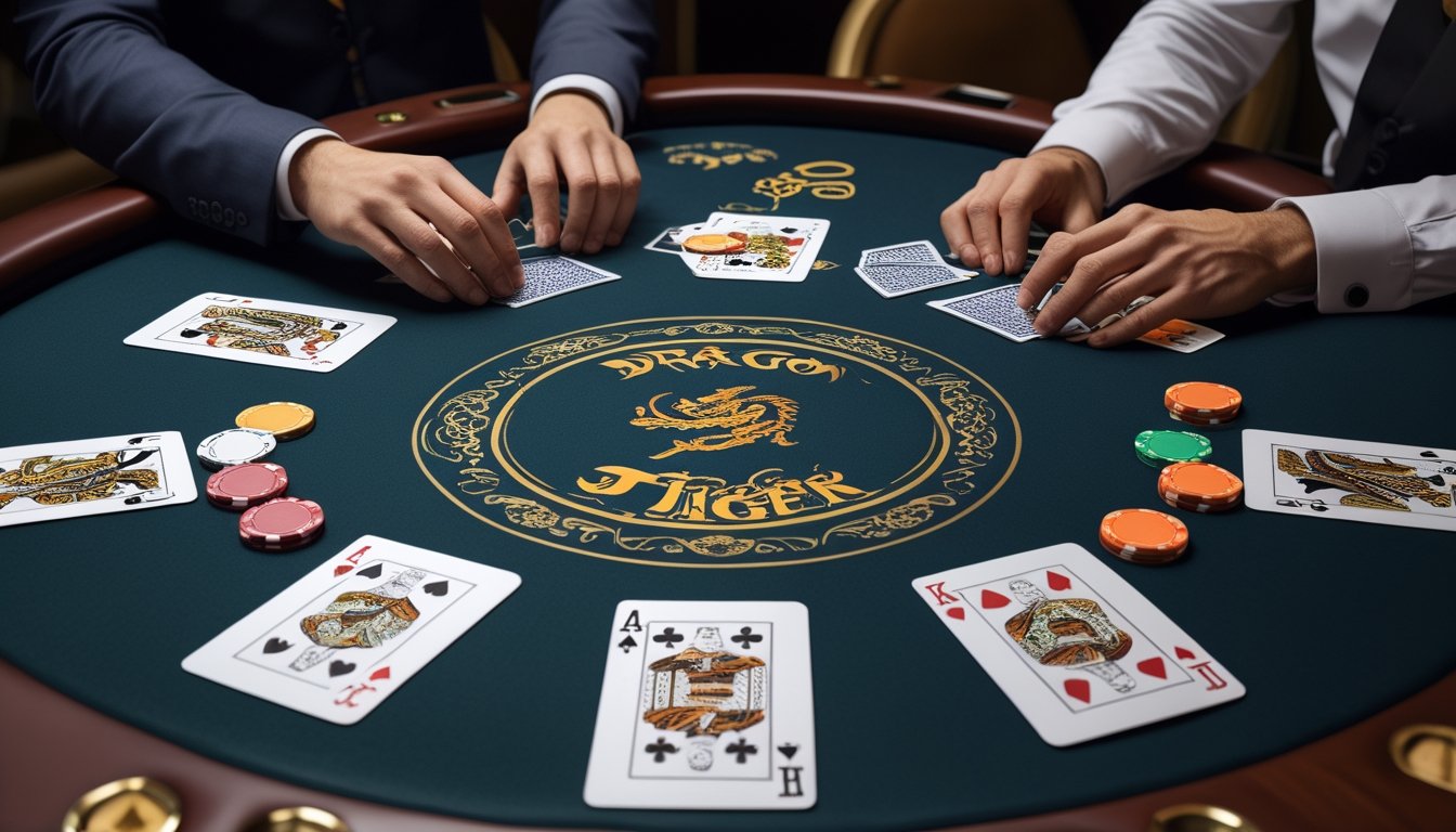Meja kasino dengan kartu Dragon Tiger, keping taruhan, dan tangan dealer yang sedang membagikan kartu.
