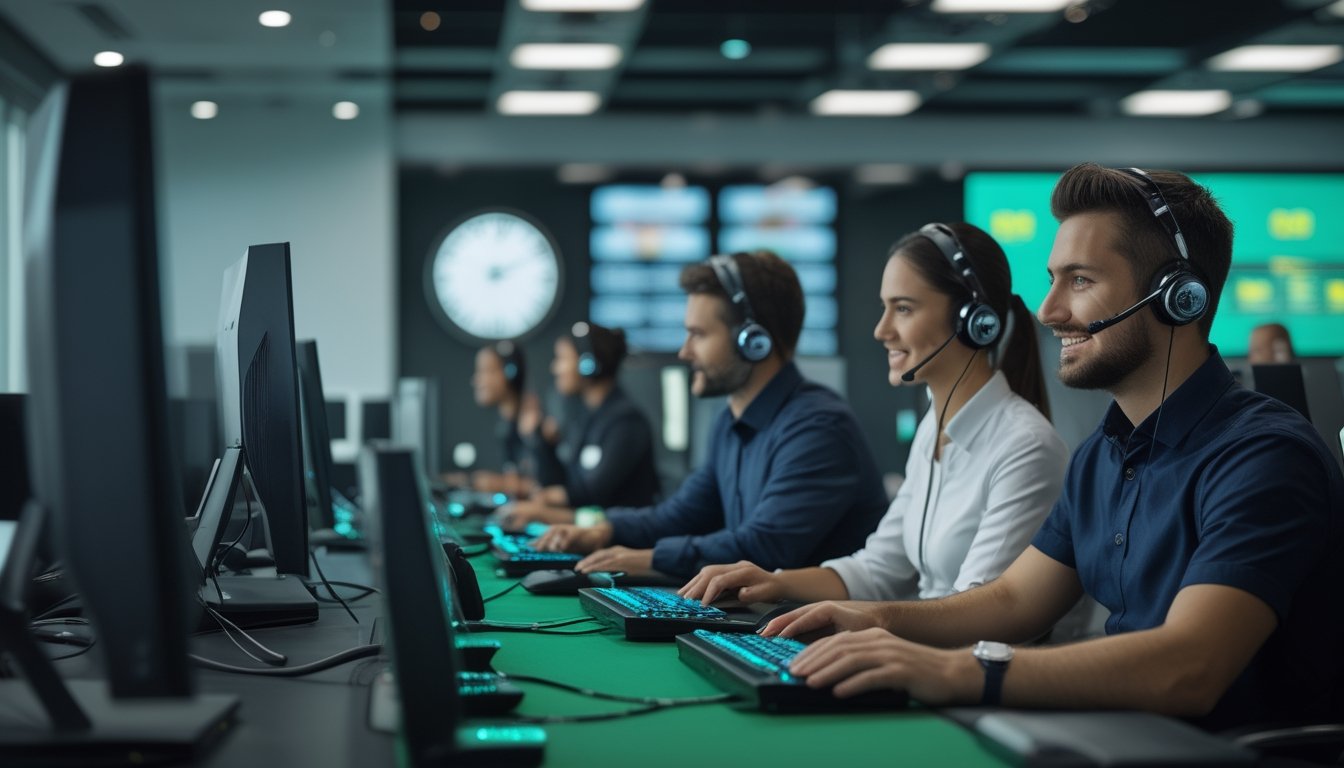Tim layanan pelanggan bekerja membantu pengguna di pusat operasi modern dengan komputer dan headset.