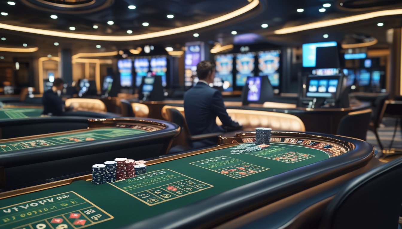 Dealer memandu permainan meja kasino langsung dengan kartu, chip, dan roda roulette di ruang kasino modern.