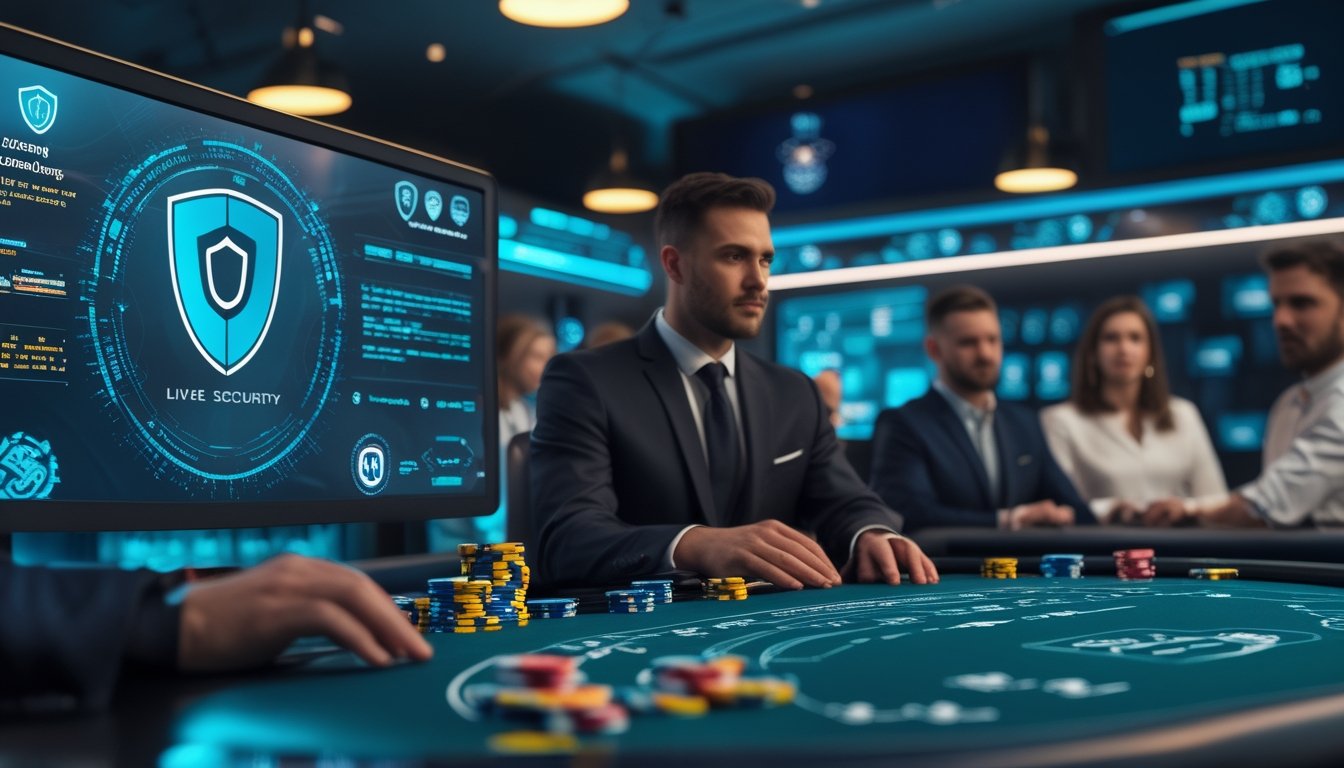 Dealer profesional memandu permainan kasino langsung dalam studio modern dengan elemen keamanan digital dan simbol keadilan.