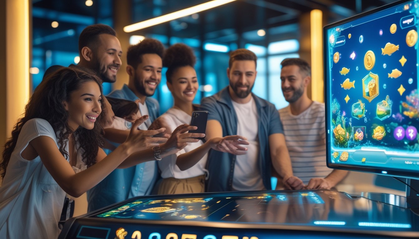 Sekelompok orang dewasa menikmati permainan arcade bertema ikan sambil melihat hadiah digital di ruang hiburan modern.