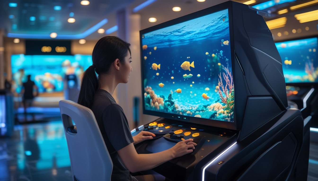 Seorang pemain dewasa menikmati permainan tembak ikan di ruang hiburan modern dengan layar bergambar ikan tropis.