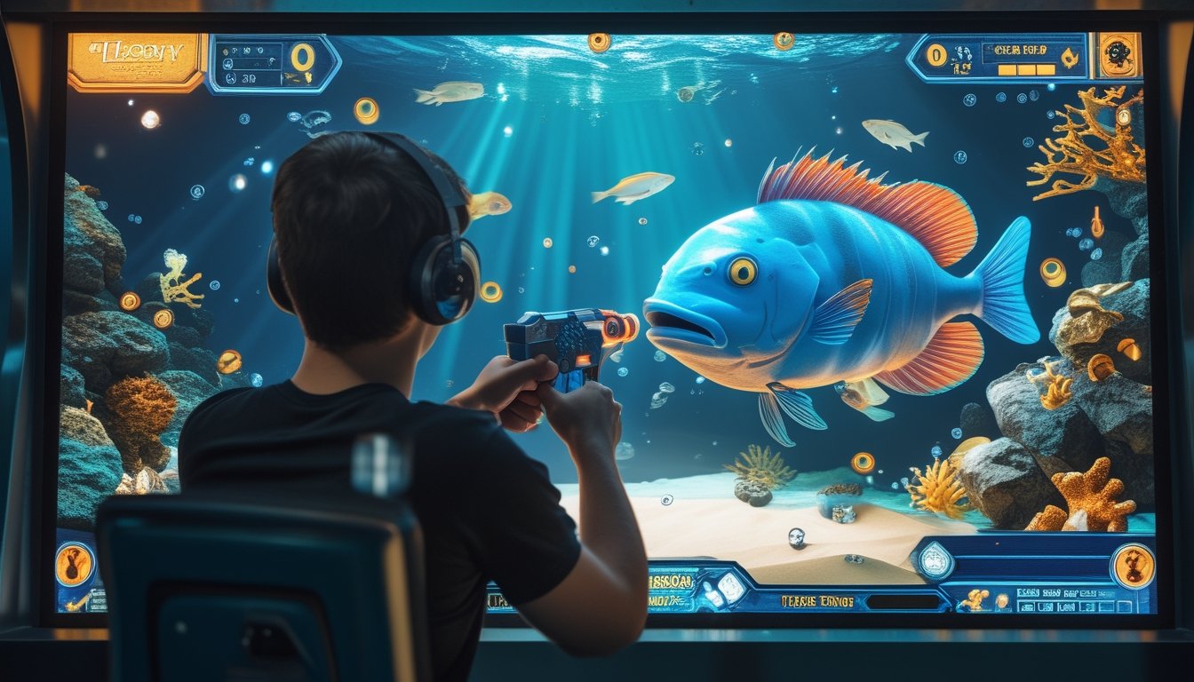 Seorang pemain membidik ikan bos besar pada permainan tembak ikan bertema bawah laut.