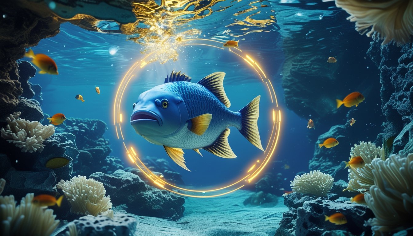 Ikan boss besar berenang di antara ikan tropis dan terumbu karang dengan jalur gerakan bercahaya di bawah laut.