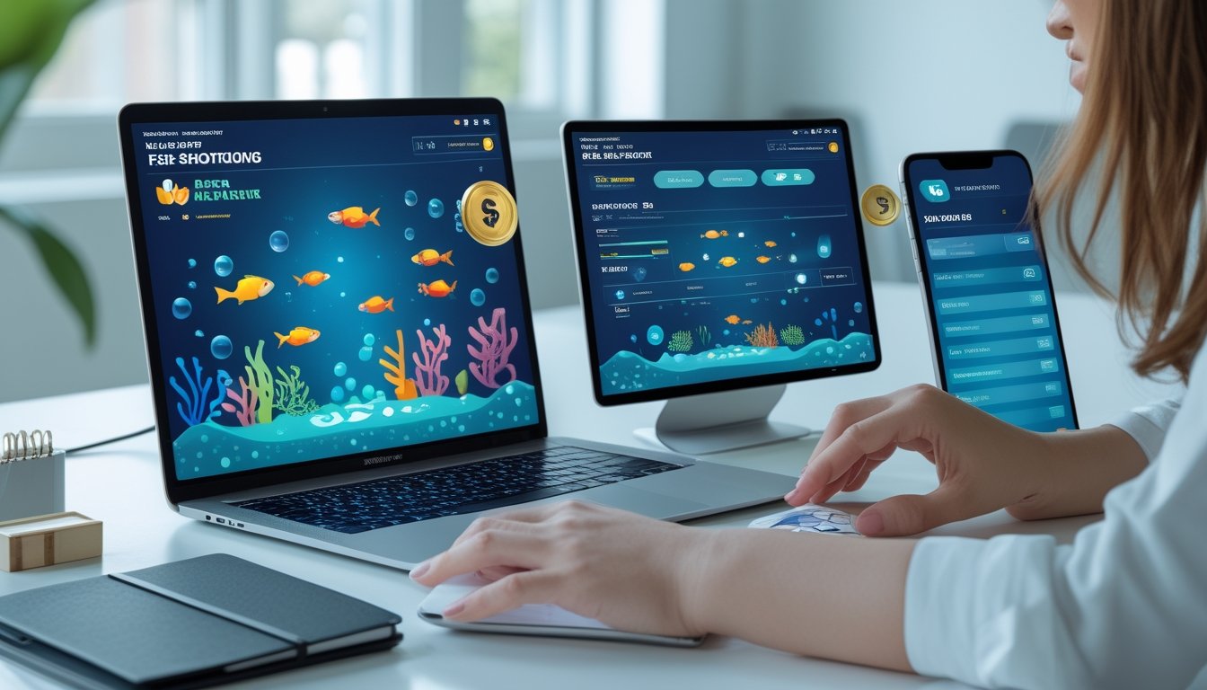 Seseorang meninjau platform permainan tembak ikan di meja kerja dengan laptop, tablet, dan elemen keamanan.