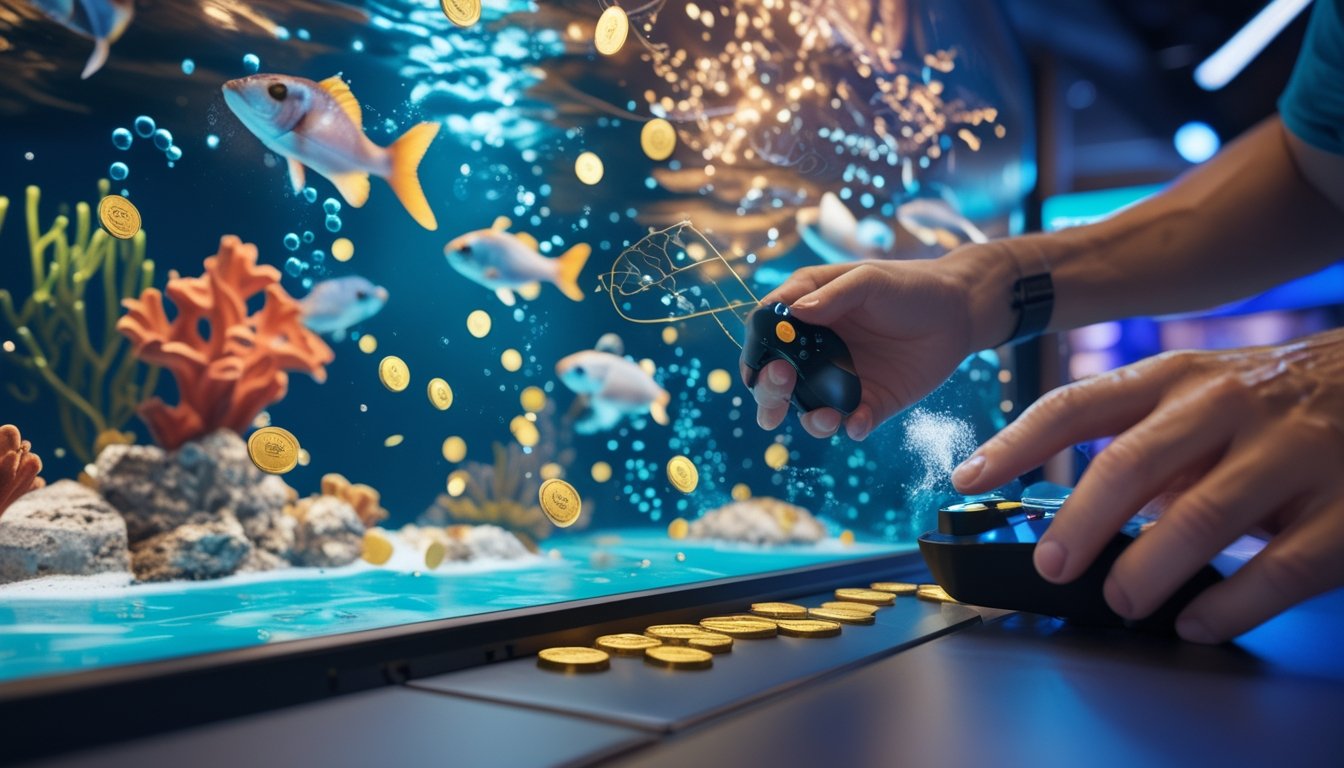 Pemain mengoperasikan permainan tembak ikan elektronik dengan tampilan ikan tropis, koin, dan efek cahaya.