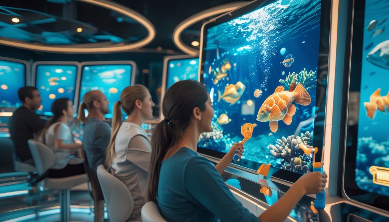 Orang dewasa bermain permainan memancing ikan digital dengan latar bawah laut yang penuh ikan berwarna-warni.