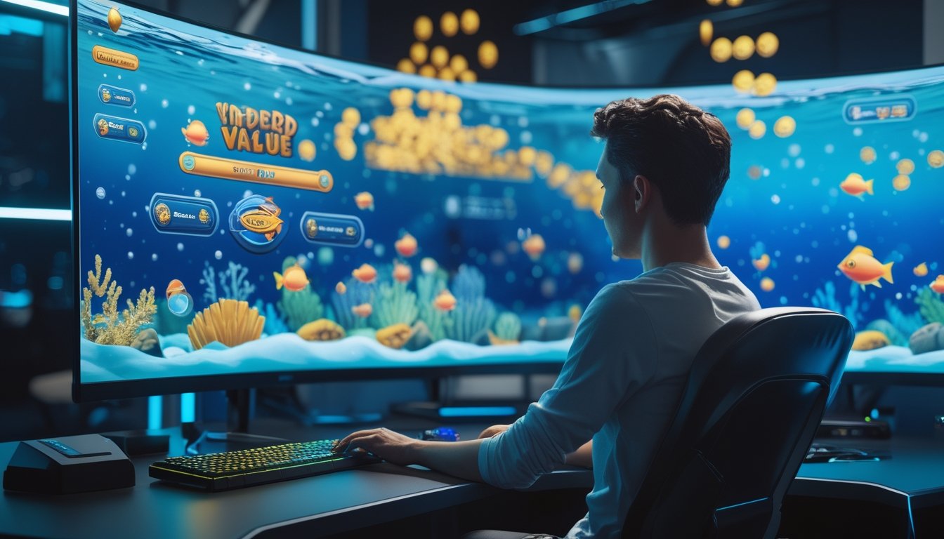 Pemain menikmati permainan tembak ikan bawah laut dengan ikon bonus dan koin bercahaya di layar.