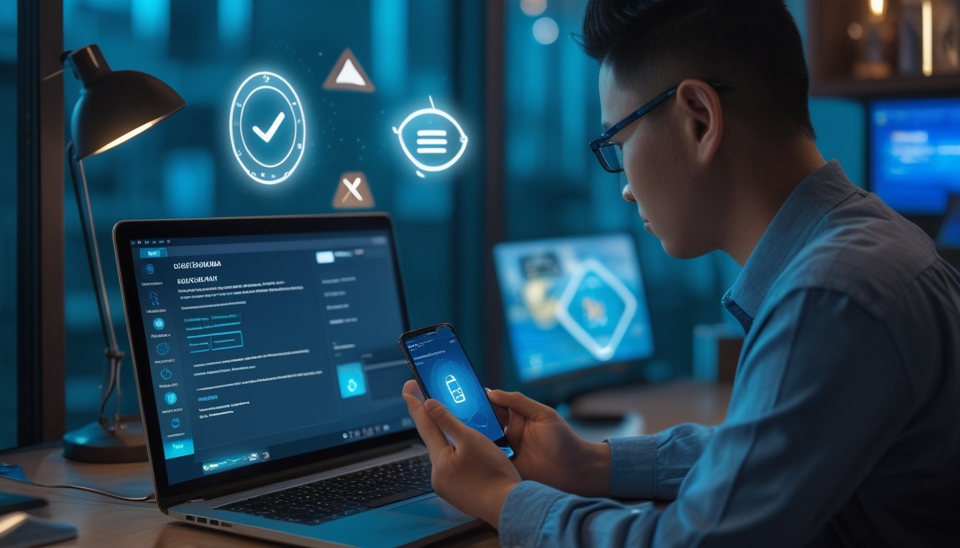 Pengguna memeriksa keamanan platform digital di laptop dalam ruang kerja modern.