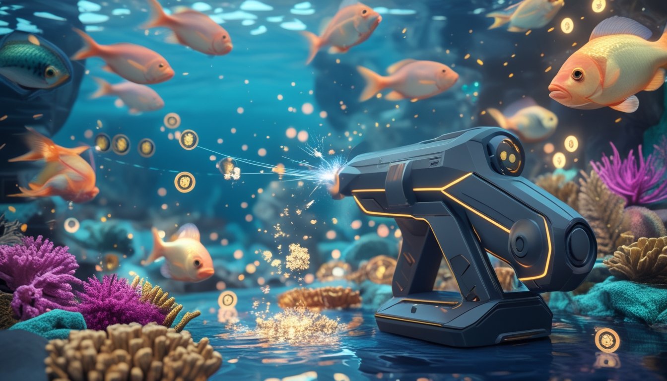 Permainan menembak ikan bawah laut dengan meriam futuristis, ikan berwarna-warni, efek energi, dan bonus bercahaya.