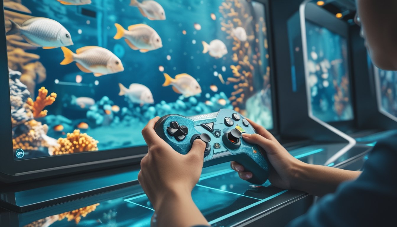 Pemain mengoperasikan pengontrol permainan menembak ikan dengan pilihan senjata di depan layar akuarium digital berisi ikan tropis.