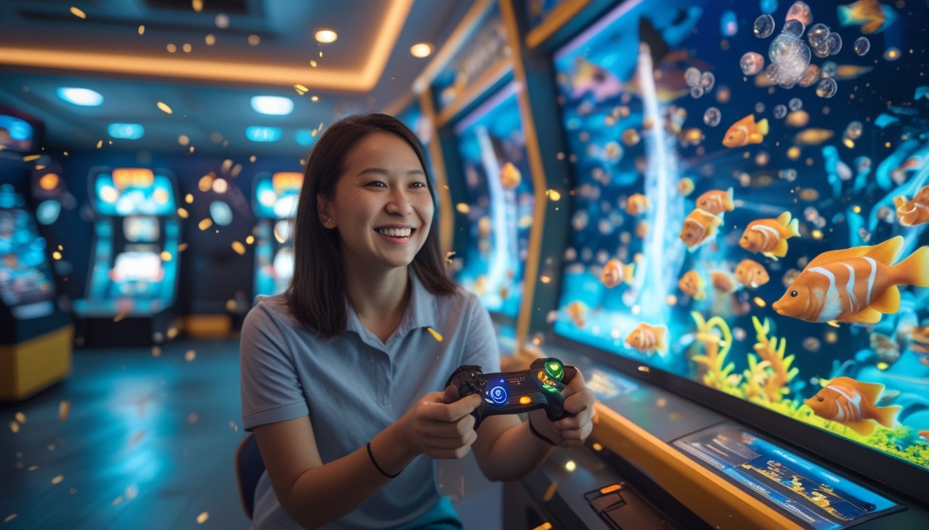 Seorang pemain tersenyum antusias saat bermain gim menembak ikan di arena permainan.