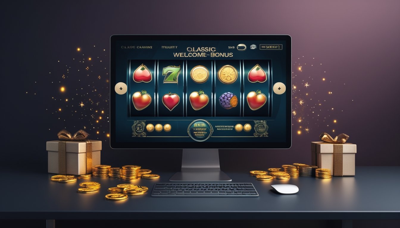 Monitor menampilkan permainan slot klasik abstrak dengan koin emas dan kotak hadiah di meja modern.