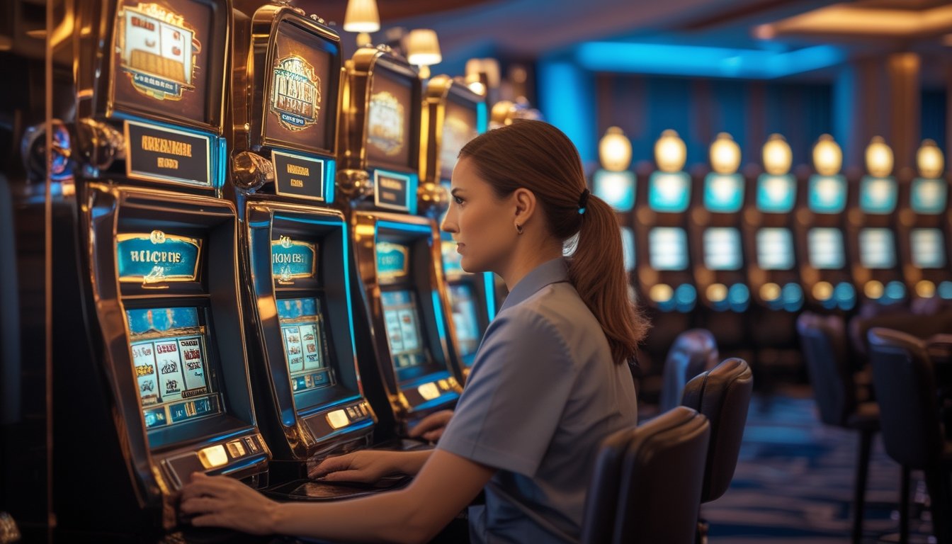 Seseorang sedang membandingkan beberapa mesin permainan slot klasik di ruang kasino modern.