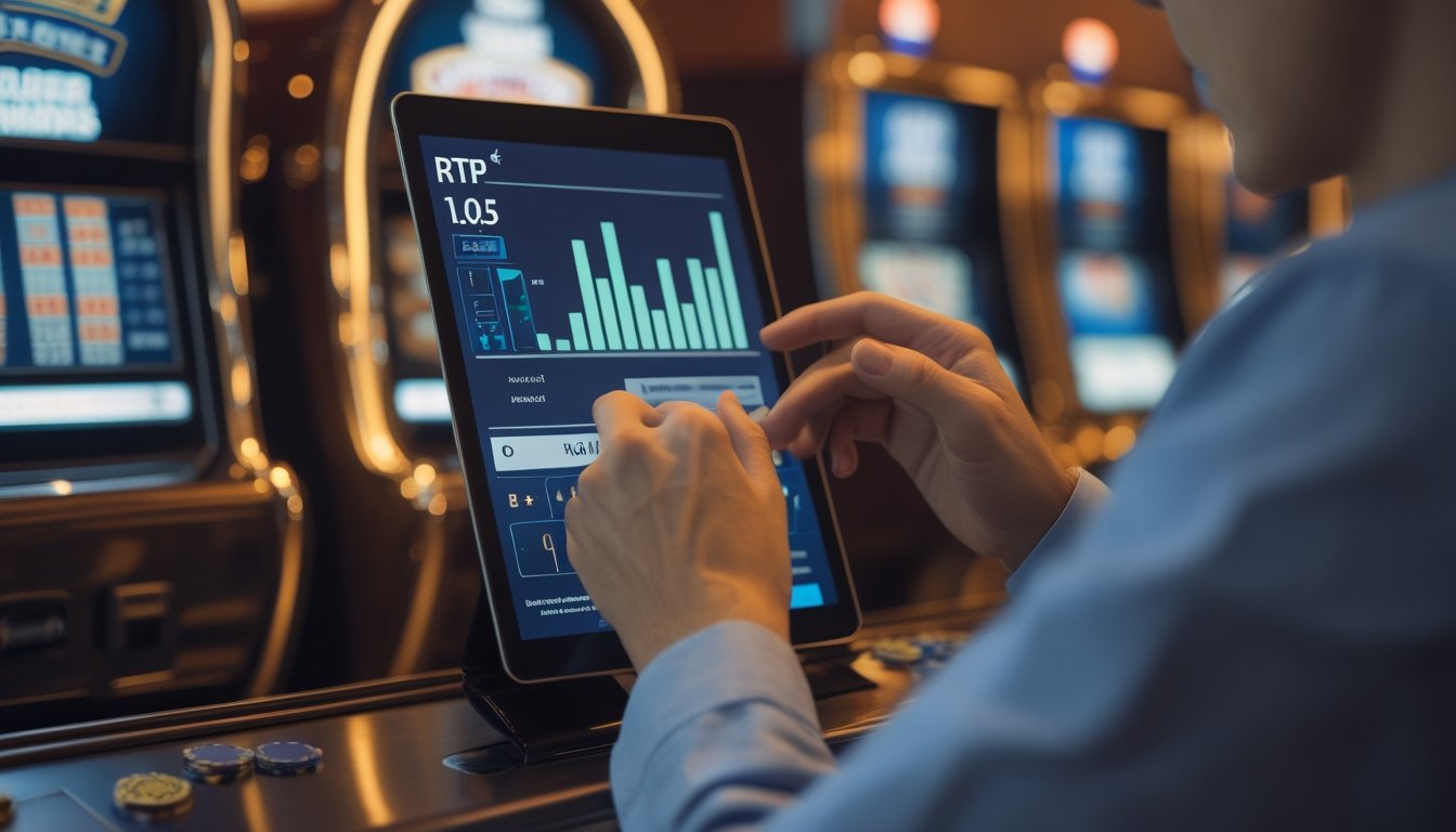 Seseorang menganalisis data permainan di tablet di samping mesin slot klasik.
