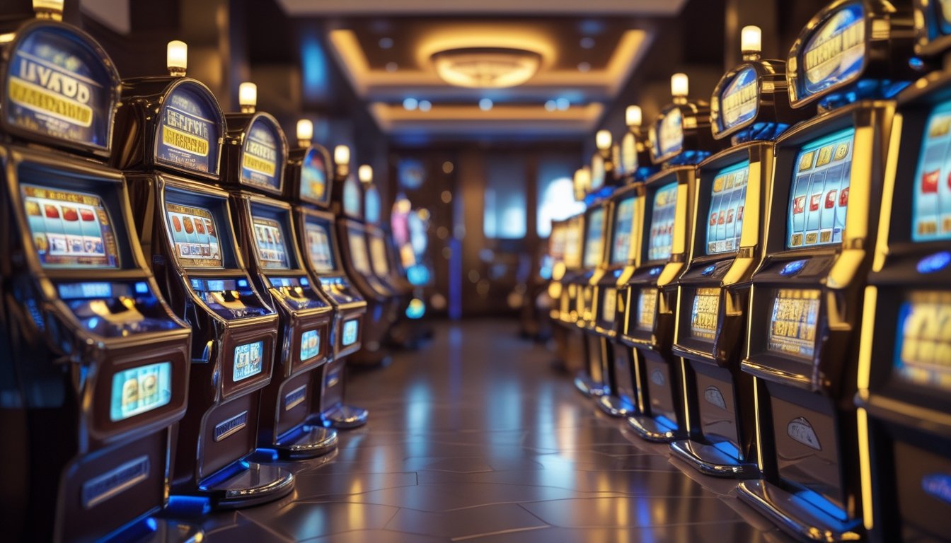 Deretan mesin slot klasik bercahaya di ruang permainan bergaya retro.