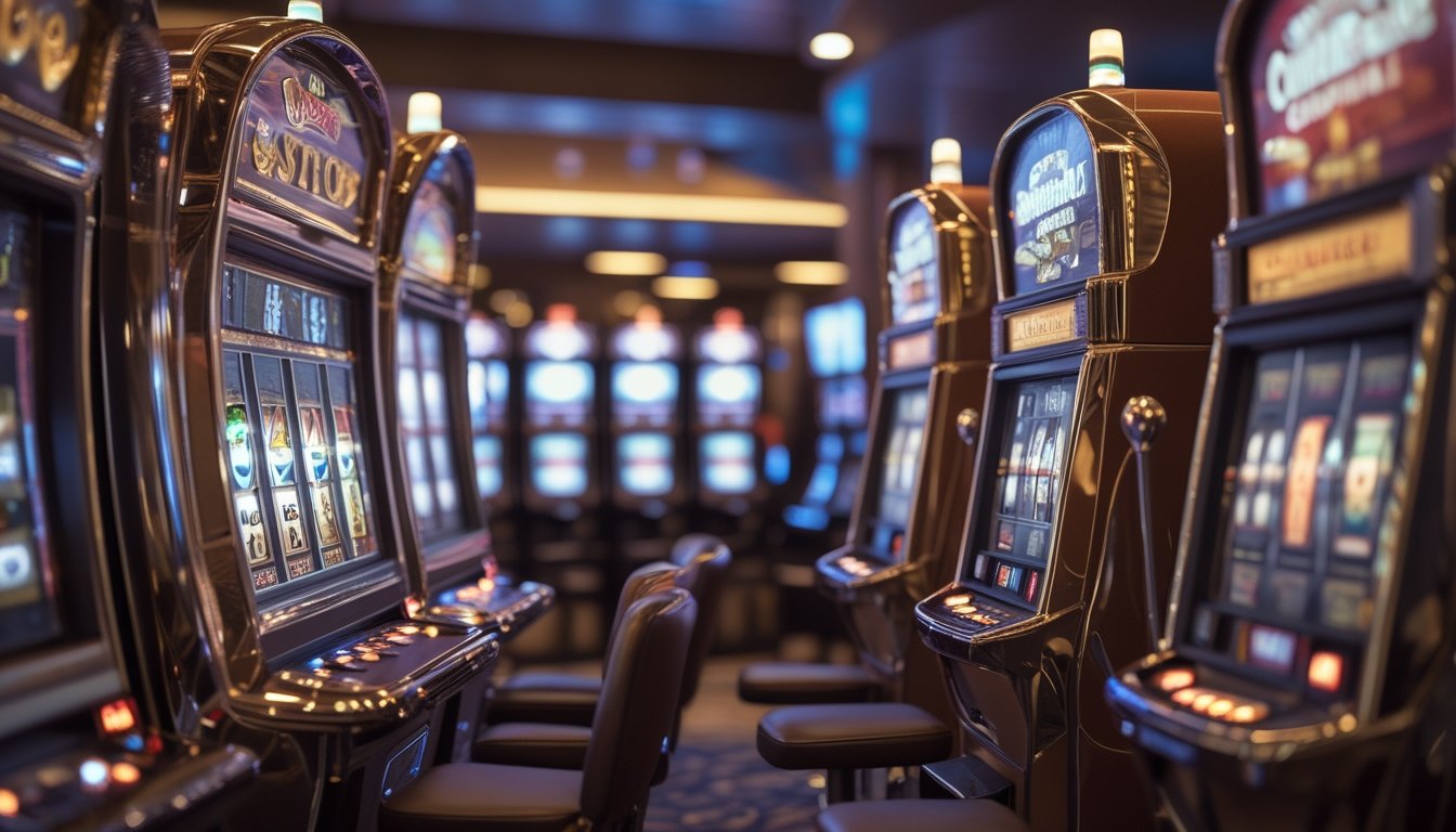 Deretan mesin slot bergaya klasik dengan tampilan modern di dalam kasino yang elegan.
