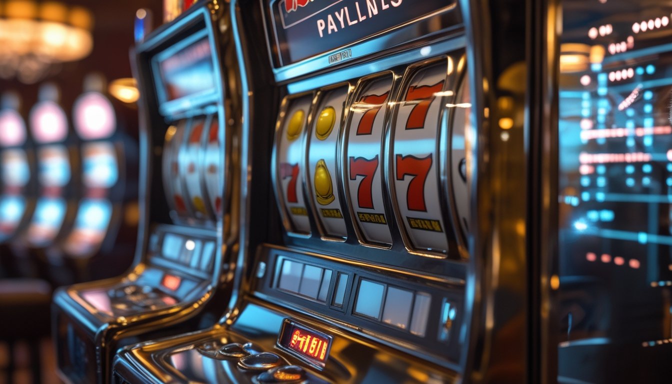 Mesin slot klasik dengan tiga gulungan, simbol buah, garis pembayaran bercahaya, dan elemen analisis abstrak di lingkungan kasino.