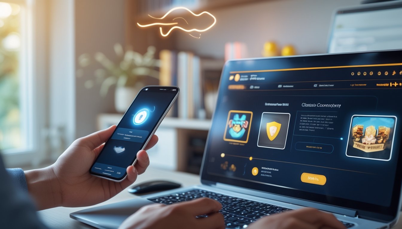 Seseorang menggunakan ponsel dan laptop untuk melakukan transaksi dompet digital dengan cepat dan aman.