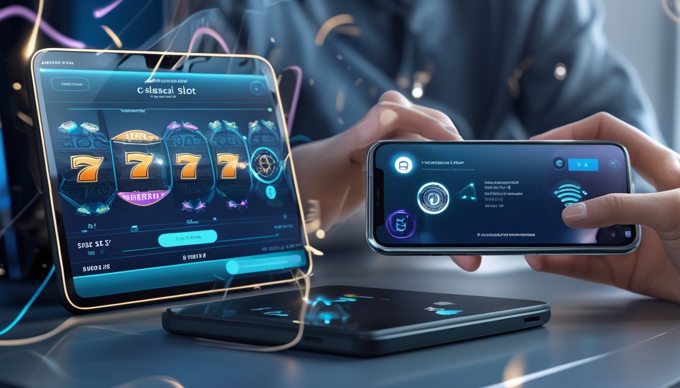 Tangan orang dewasa menggunakan ponsel untuk melakukan transaksi dompet digital pada platform permainan slot.