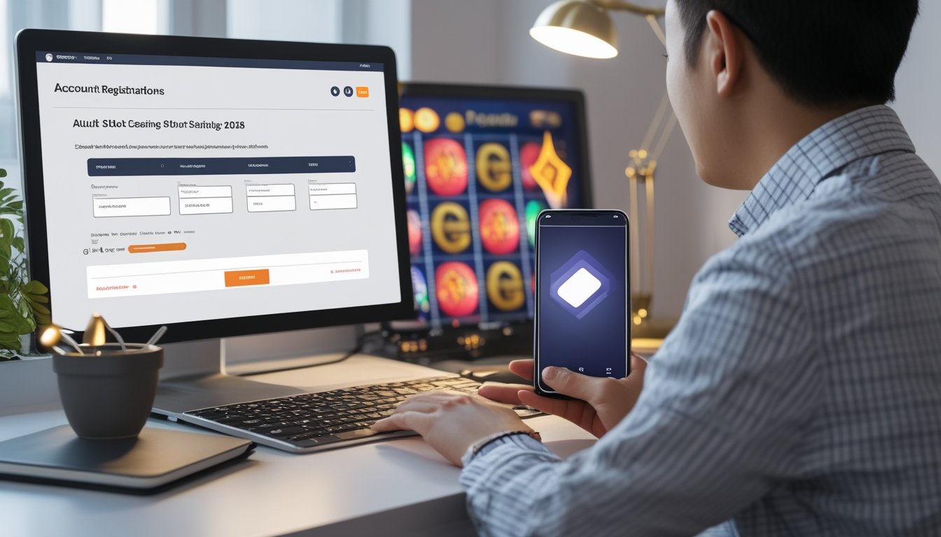 Seseorang menggunakan laptop untuk membuat akun di meja kerja modern dengan ponsel dan perlengkapan tulis di sampingnya.