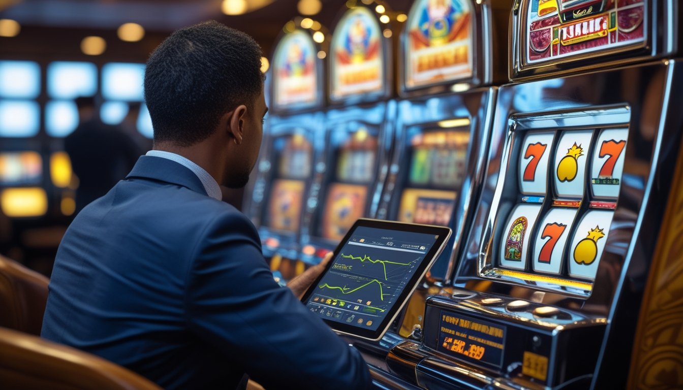 Seseorang mengamati mesin slot klasik dengan tampilan pola analisis abstrak di lingkungan kasino modern.