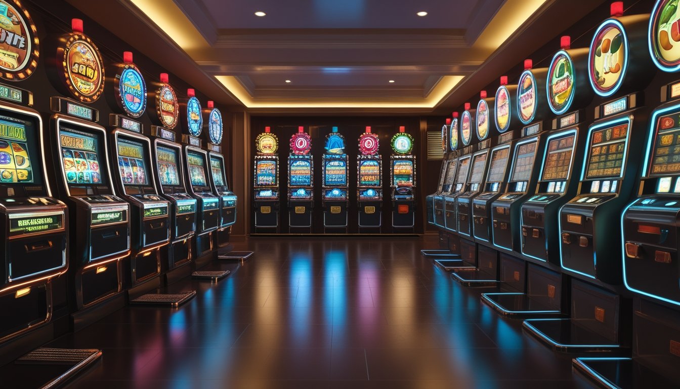 Sepuluh mesin slot klasik tersusun rapi di ruang kasino yang elegan dengan pencahayaan hangat.