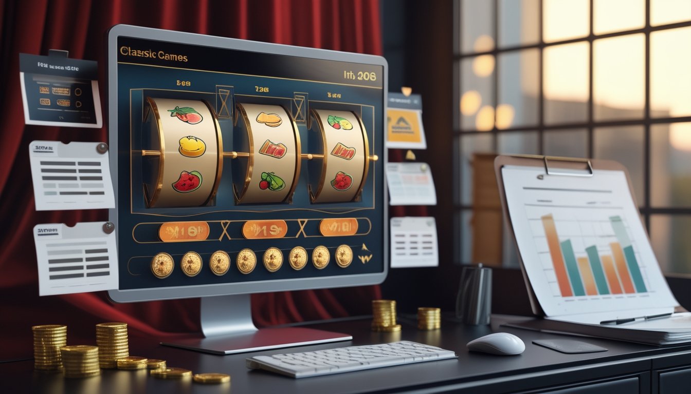 Meja analisis dengan layar yang menampilkan permainan slot klasik dan beberapa koin emas.
