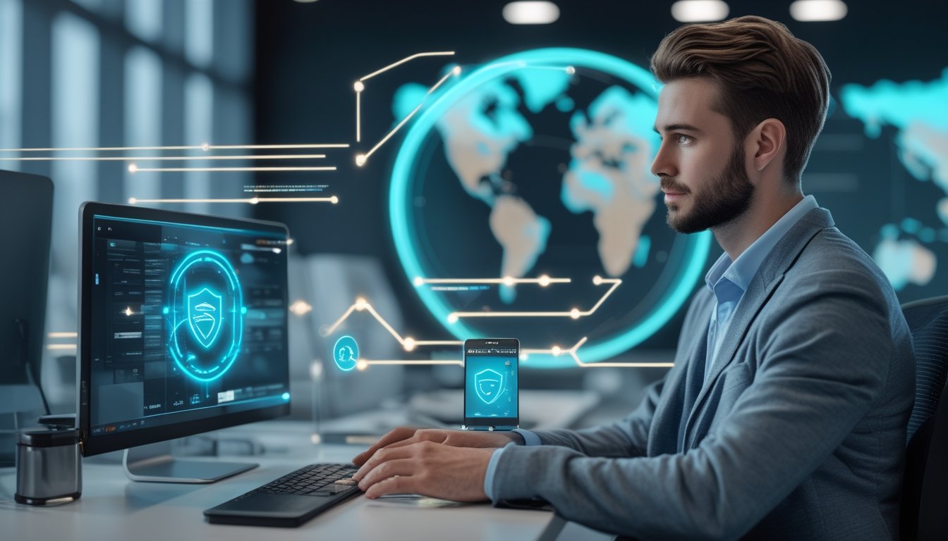 Seorang profesional menggunakan laptop dan ponsel dengan koneksi digital aman di ruang kerja modern.