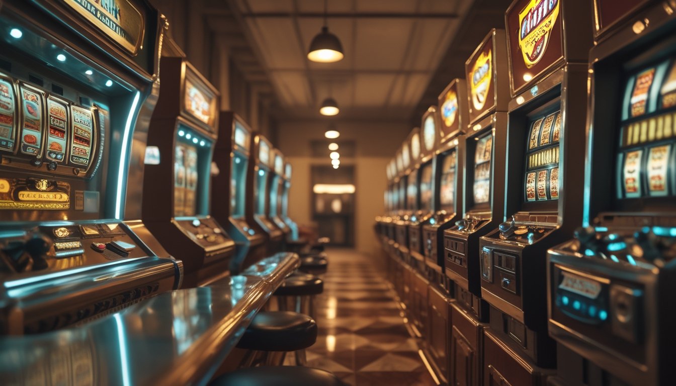 Deretan mesin slot klasik dari era mekanis hingga desain modern di dalam ruang permainan bernuansa vintage.