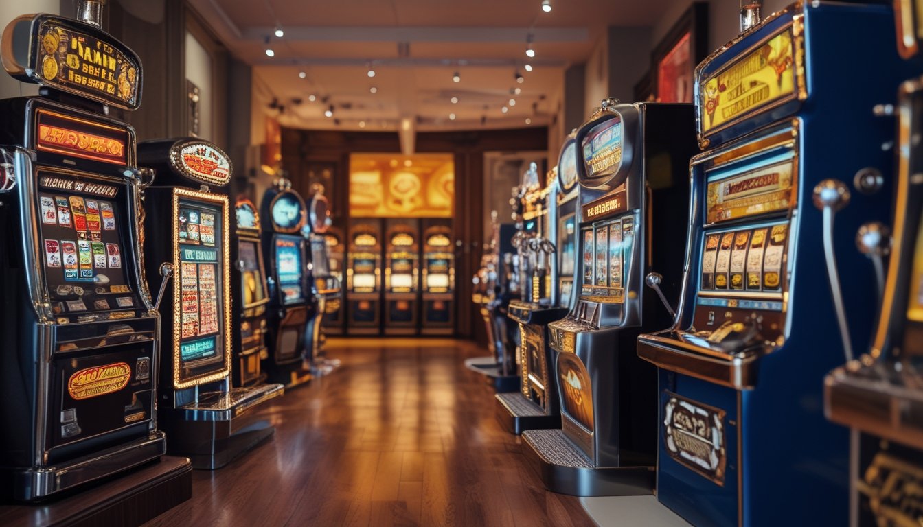 Deretan mesin slot klasik dari berbagai era dipamerkan di ruang bernuansa retro.