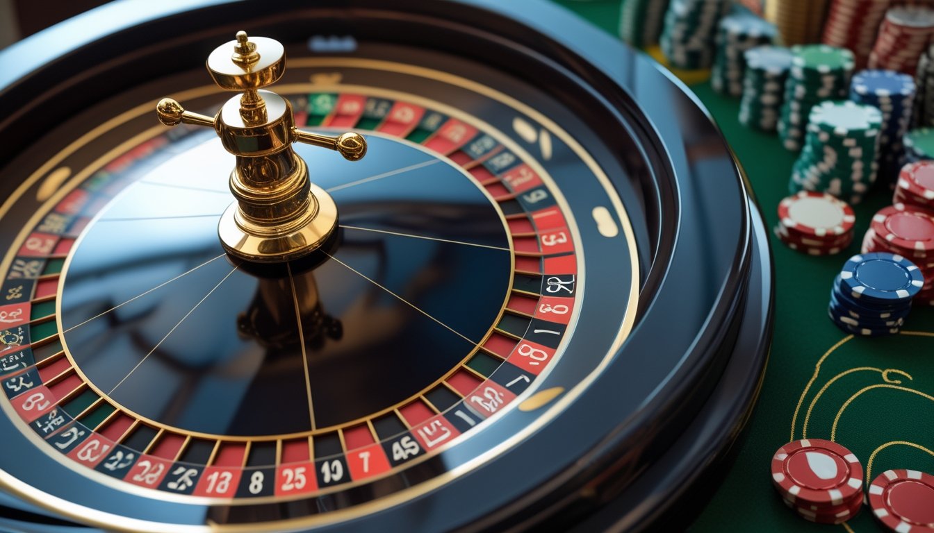 Roda roulette Amerika dengan dua kantong hijau nol dan bola roulette di atas meja kasino.