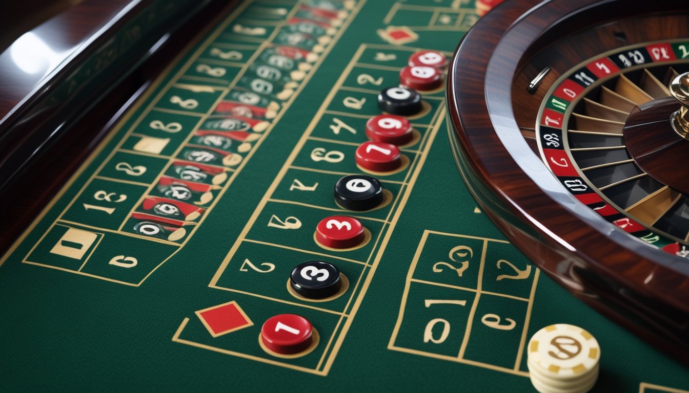 Meja roulette Amerika dengan susunan angka dan dua kotak hijau 0 serta 00 yang terlihat jelas.