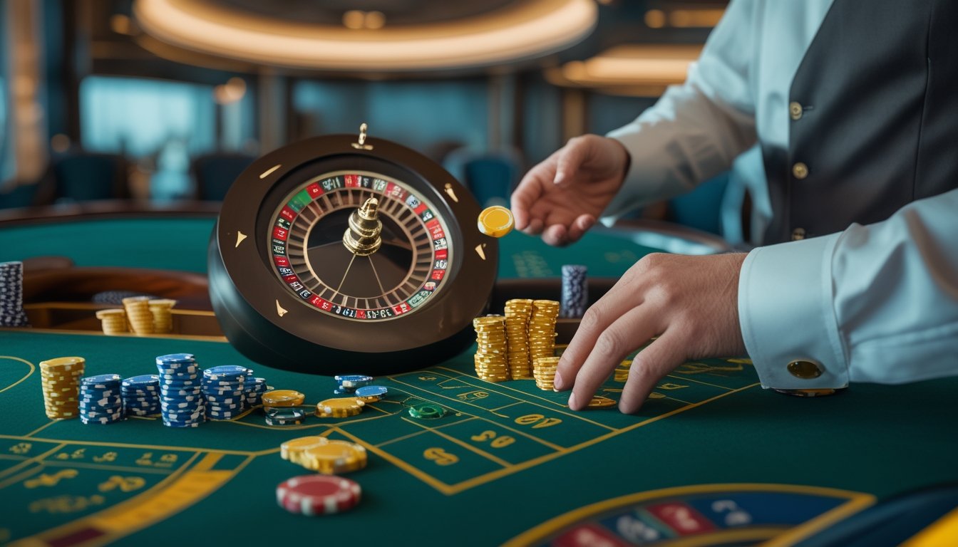Meja American roulette dengan roda roulette, chip taruhan, dan tangan dealer di kasino modern.
