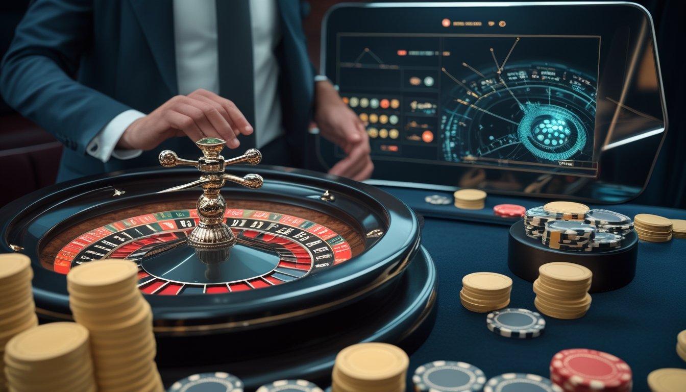 Meja American roulette modern dengan roda roulette, keping taruhan, dan layar digital abstrak di lingkungan kasino elegan.