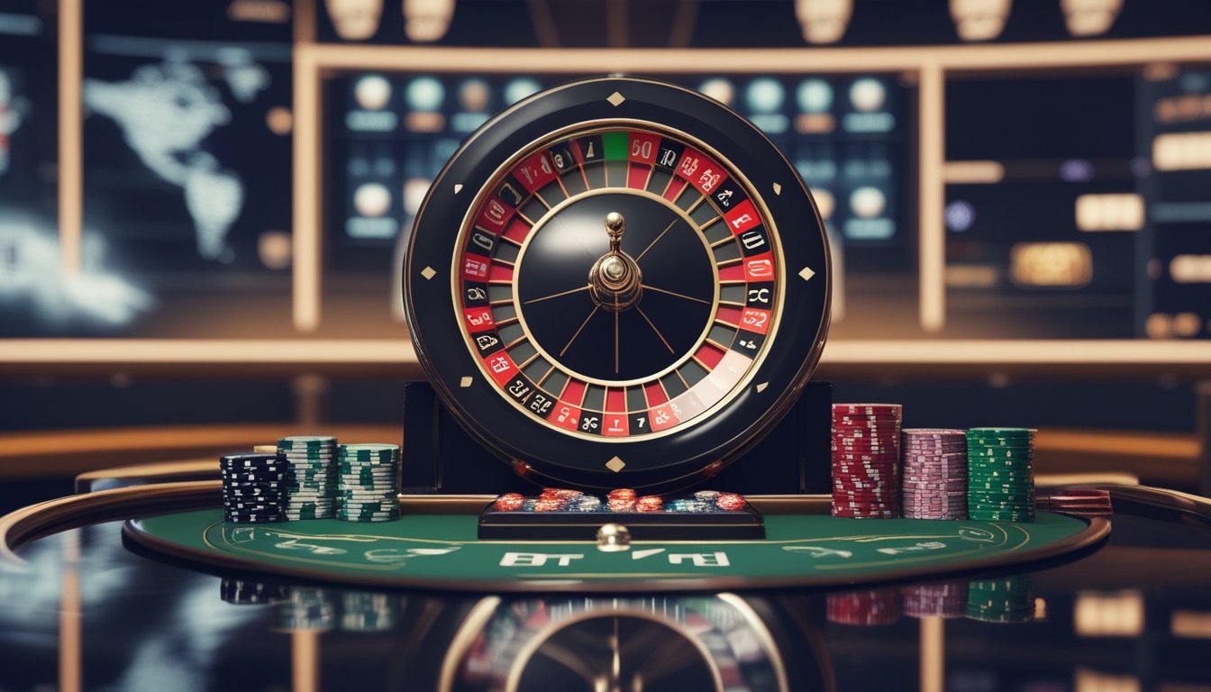 Roda roulette Amerika dengan angka nol ganda, keping kasino, dan latar teknologi permainan digital.
