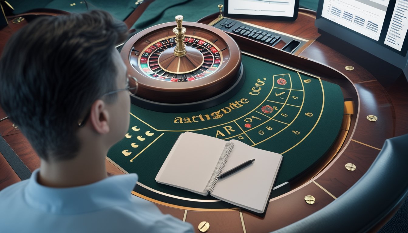 Seorang analis mengamati meja roulette Amerika dengan tumpukan chip, kalkulator, dan tablet berisi grafik abstrak.
