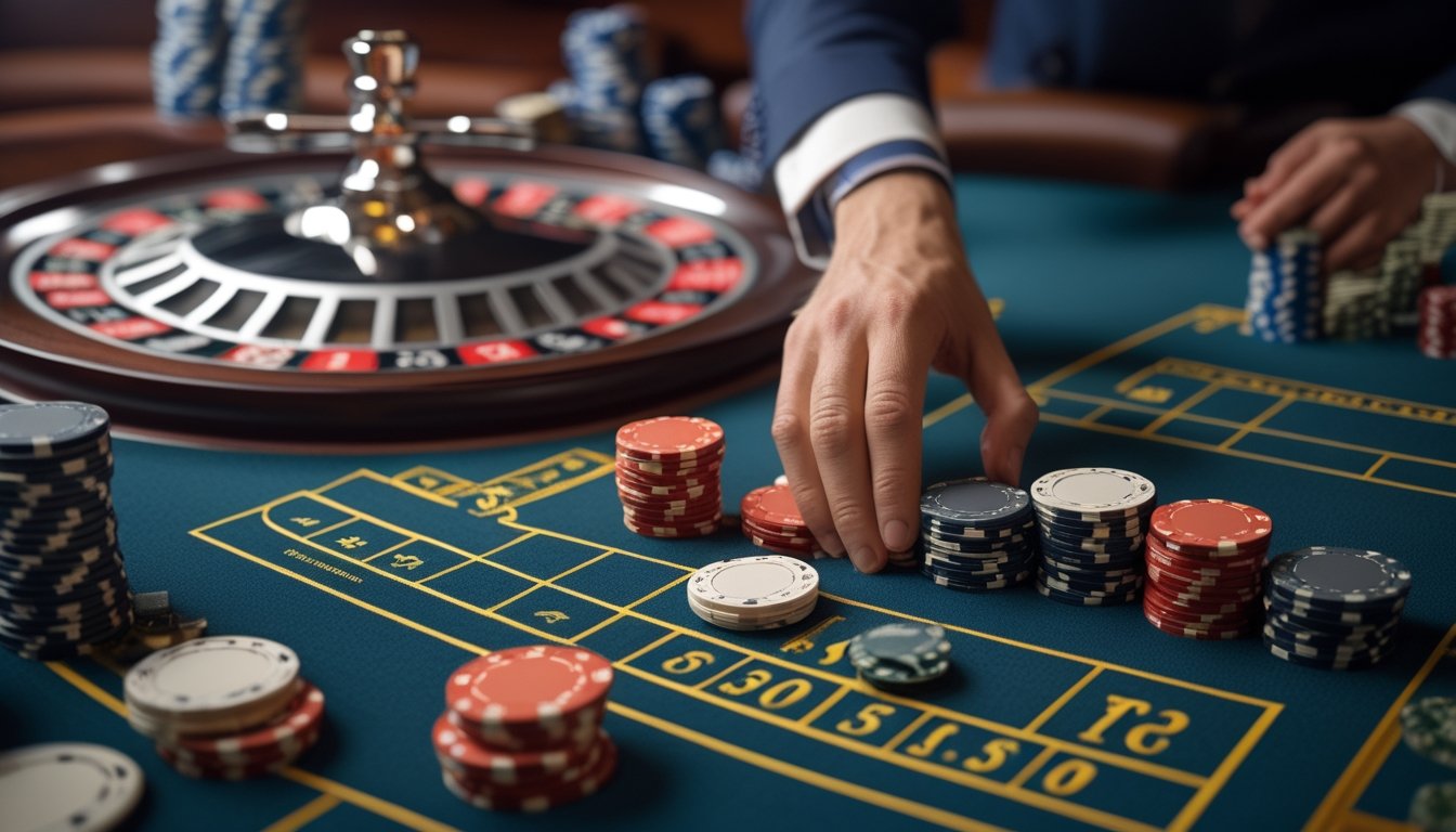 Roda roulette Amerika dengan tumpukan chip yang meningkat dan tangan pemain menempatkan chip di meja.