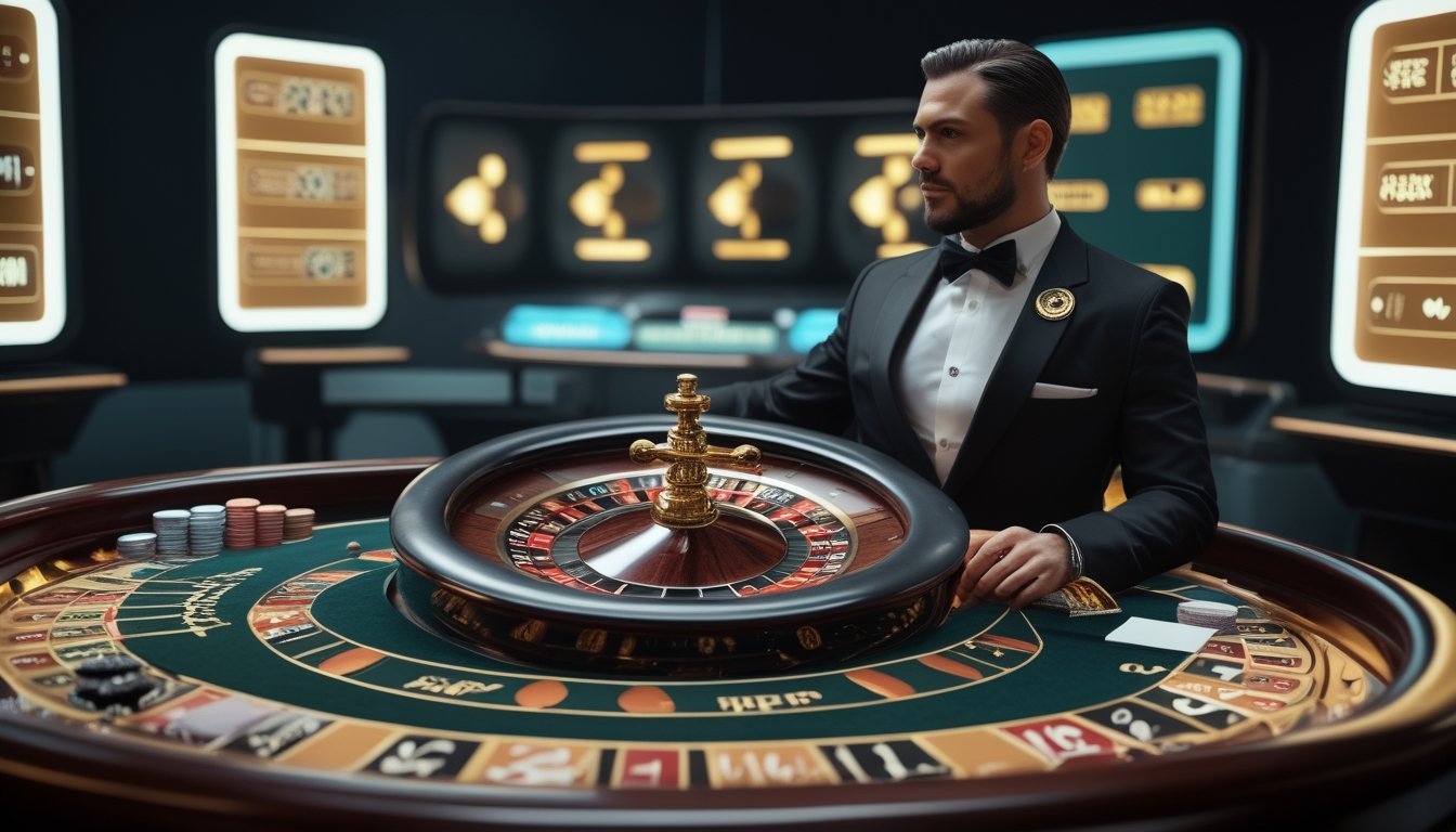 Dealer profesional berdiri di samping meja rolet Amerika dalam studio kasino modern.