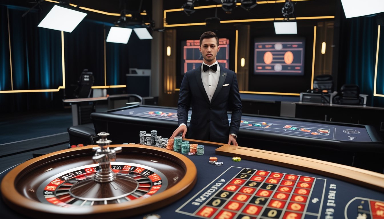 Dealer profesional memandu permainan American Roulette di studio kasino live dengan roda roulette, meja, dan kamera siaran.