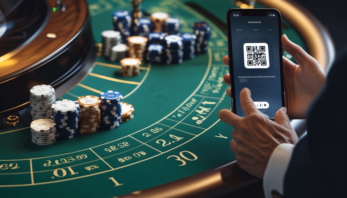 Ponsel dengan tampilan pembayaran QR berada di samping meja roulette Amerika dengan roda roulette dan keping kasino.