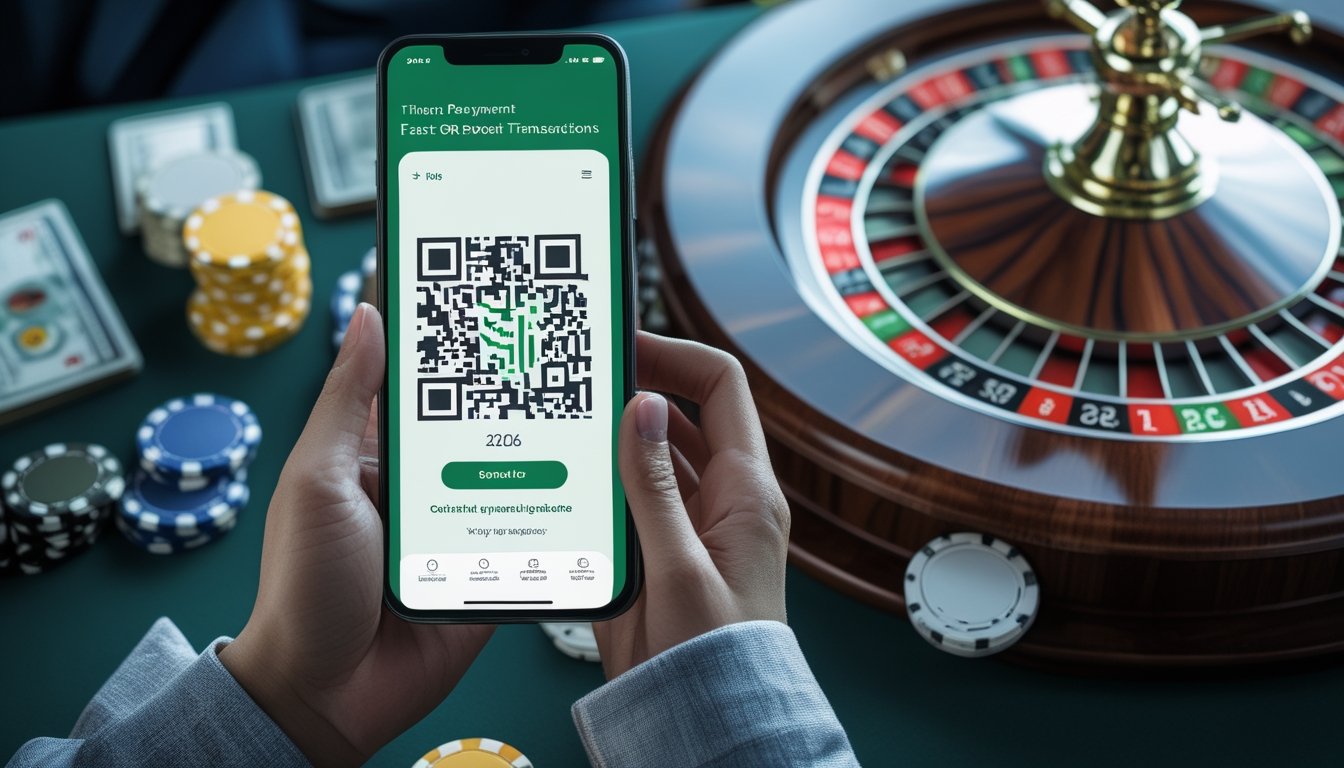 Tangan memegang ponsel dengan tampilan pembayaran QR di samping roda roulette Amerika dan keping kasino.