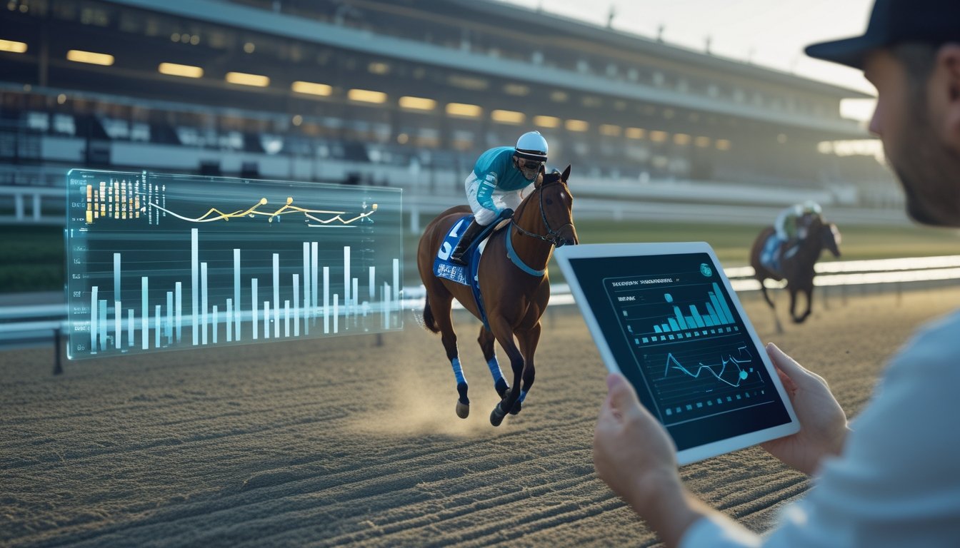 Seekor kuda pacu memimpin perlombaan di lintasan dengan analis yang melihat grafik data pada tablet.