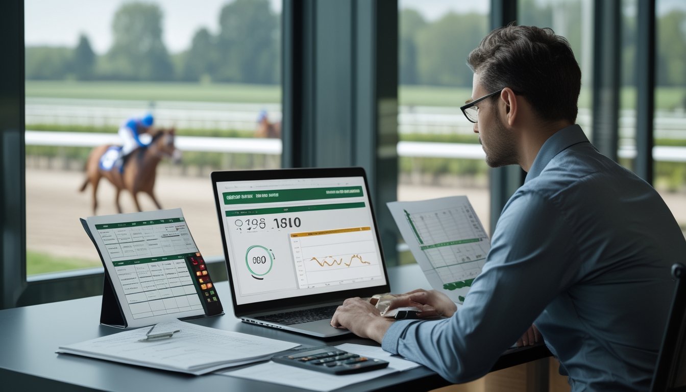 Seorang analis memeriksa data pacuan kuda di meja kerja dengan arena balap terlihat di latar belakang.