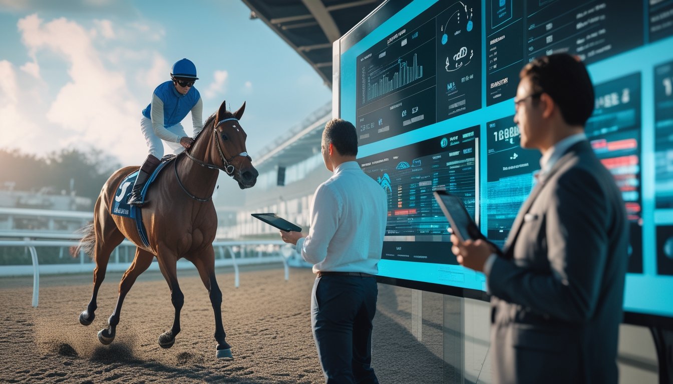 Analis mengamati data digital saat seekor kuda pacu berlari di lintasan modern.
