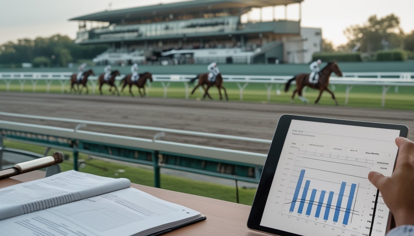 Seorang penonton memeriksa data pacuan kuda dengan tablet dan catatan di area paddock.