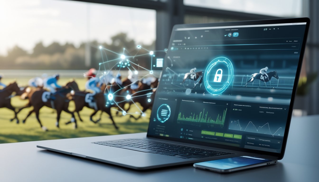Laptop dan ponsel menampilkan informasi balap kuda dengan latar lintasan pacuan kuda.